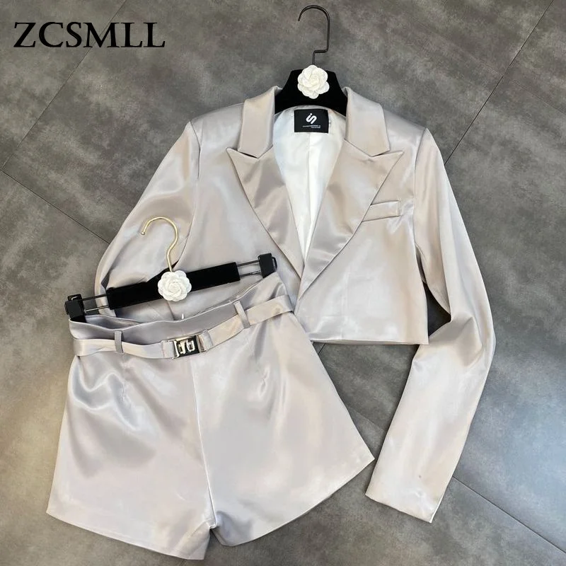 

Женский Атласный Костюм ZCSMLL, короткий костюм с отложным воротником, длинным рукавом, поясом и шортами с высокой талией, весна-осень 2021