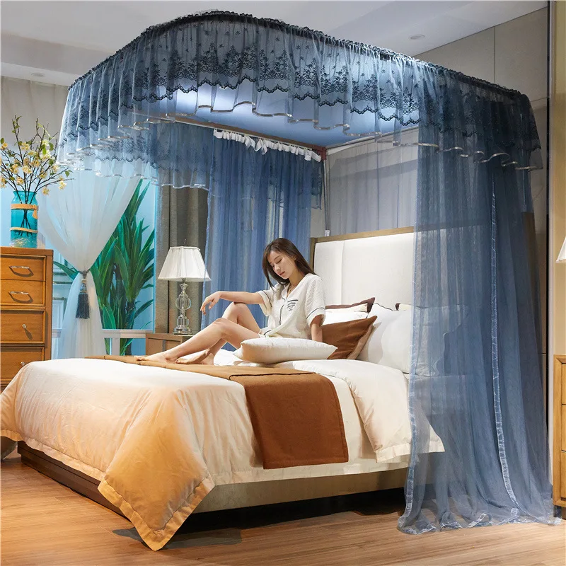 2022 New Palace Mosquito Nets U-shaped Guide Rail Pulley Pull Screen Floor Aluminum Alloy Encryption Thickening Bedroom Canopy