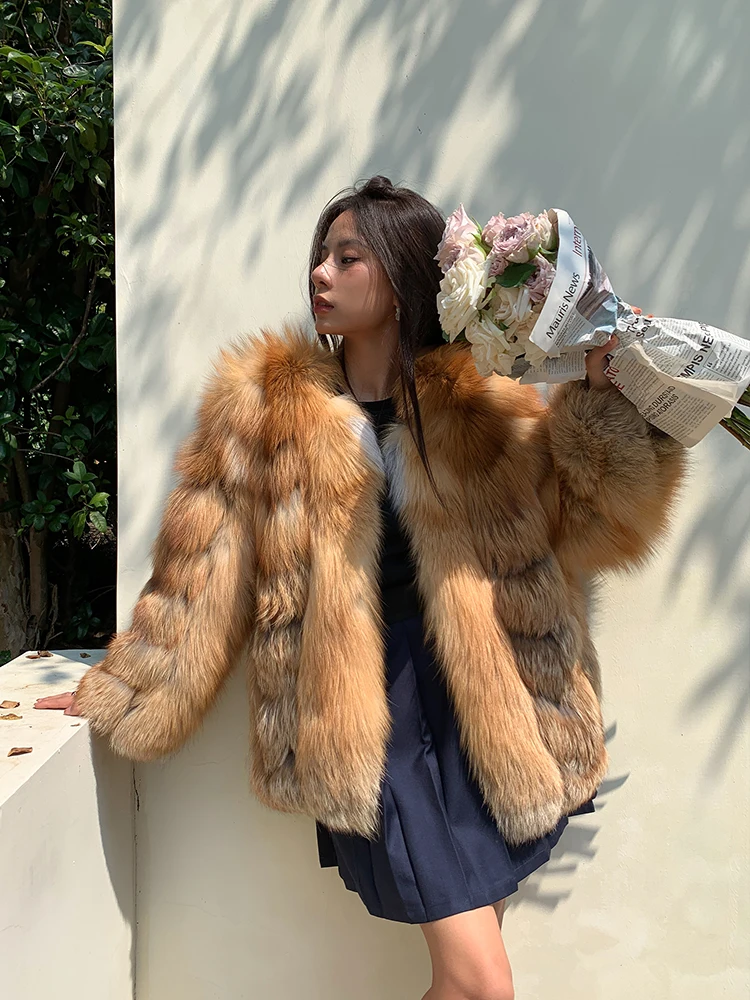 2022 New Women Natural Red Fox Fur Jacket Thick Mid-length V-neck Whole Skin Genuine Red Fox Fur Coats for Female Winter Outwear