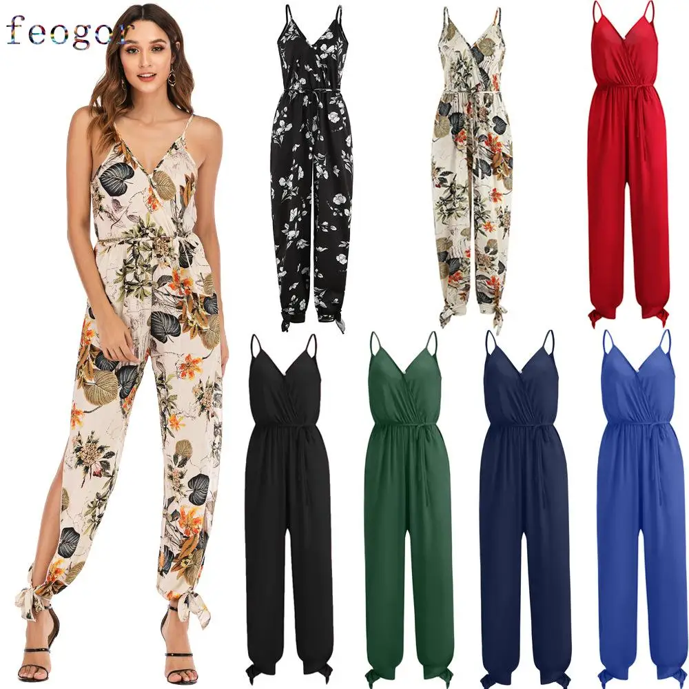

FEOGOR Plus size trousers Summer sexy casual open back tether deep V-neck sling jumpsuit women's trousers Summer clothes