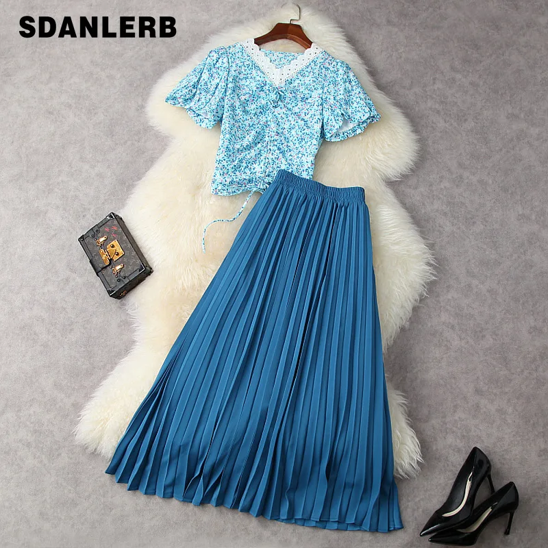 

Женский костюм из двух предметов, рубашка с цветочным принтом, топ с рюшами и коротким рукавом, плиссированная юбка средней длины, лето 2021