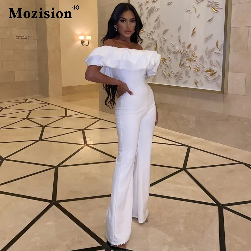 

Mozision White Sexy Off-shoulder Flare Jumpsuit Women Fashion Summer Flash Neck Slim Ruffle Sleeveless Elegant Jumpsuits Ladies
