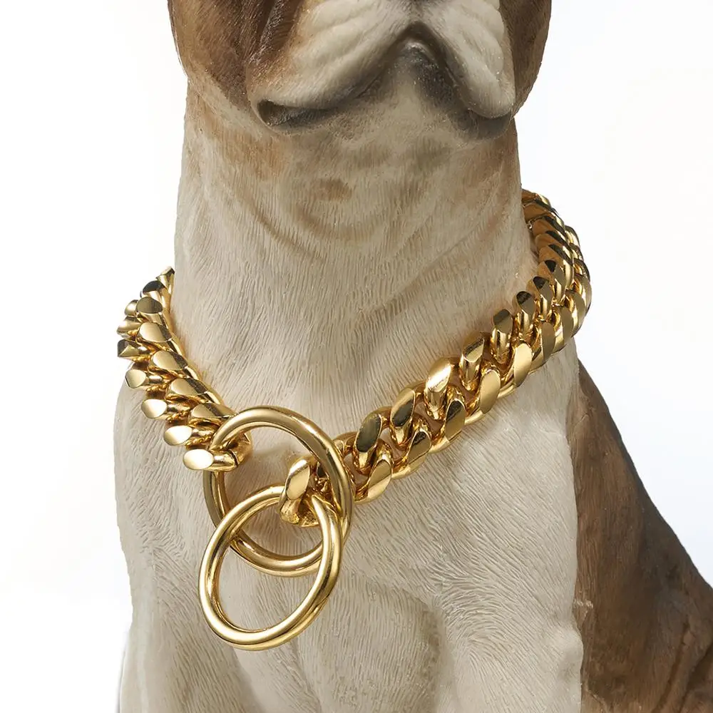 

Heavy 16MM Pet Dog Chain Stainless Steel Gold Tone Miami Curb Cuban Dog Chain Pet Collar Choker Necklace For Bulldog Rottweiler