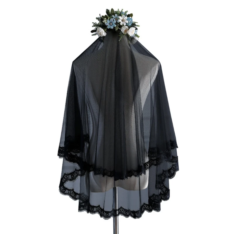

Свадебная фата с кружевными краями, черная иллюзионная Тюлевая прозрачная Фата, аксессуары для невесты, 1 или 2 уровня, короткая длина, 94 Па