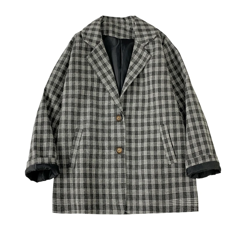 

Vintage Plaid Women Blazers Loose Turn-Down Collar Pocket Thicken Warm Office Lady Outwear Coats Tops
