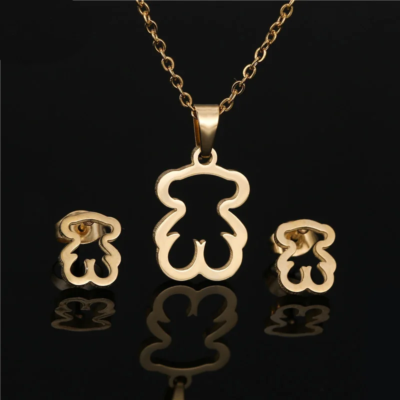 

Gold Color Stainless Steel Necklace Earring Jewelry Sets Bear Cross Clover Necklace Sets for Women Never Faded Color Jewelry