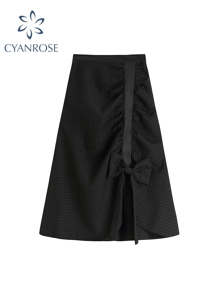 

Autumn Fashion Women's Vintage Bow High Wasit Skirt Female French Style Loose Straight Side Split A-line Office Ladies Skirts