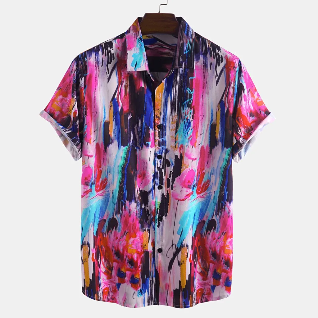 

Mens Summer Printed Shirt Short Sleeve Loose Buttons Casual Blouse Turn Down Collar Short Sleeve Hawaiian Shirts Mens Camisas