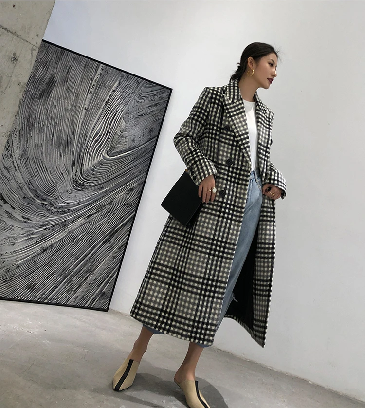 Женское длинное шерстяное пальто черно белое Свободное в клетку верхняя одежда