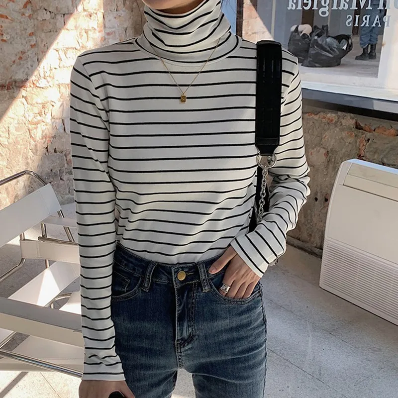 

Women Long Sleeve Casual T-shirts New 2021 Autumn Korean Style Vintage Turtleneck Striped Slim Ladies Cotton Tops Tees W735