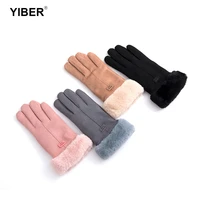 winter female lace warm cashmere cute mittens suede leather double thicken plush full finger wrist touch screen driving gloves