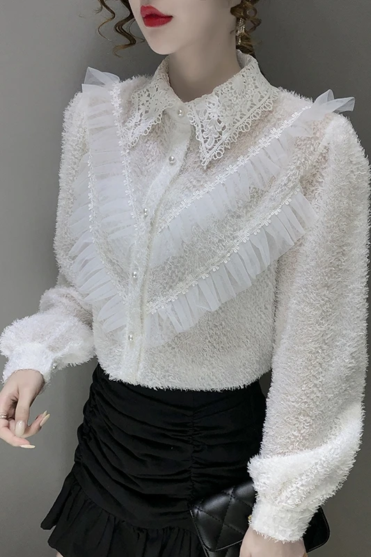 

COIGARSAM Vintage Full Sleeve Shirt Womens tops Spring Patchwork Hollow Out Women shirts White Pink Apricot 6172