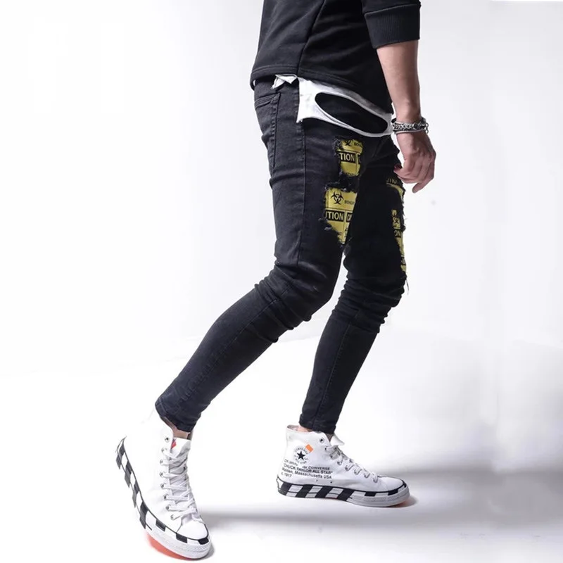 2021 New Mens Jeans Youth Hole Slim Fit Patch Fashion Print Pencil Pants Mens Long Denim Pants Trend Plus Size Men Clothing