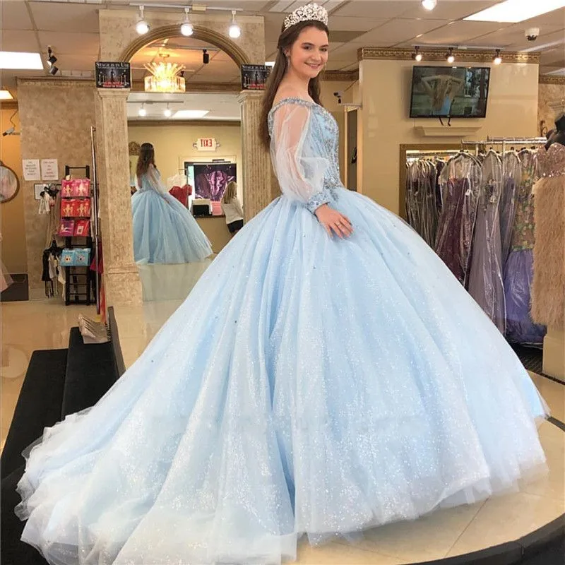 

Ligh Blue Cystal Beaded vestidos de 15 años Quinceanera Dresses Long Sleeves Ball Prom Gowns Party Plus Size Sweet 16 Dress
