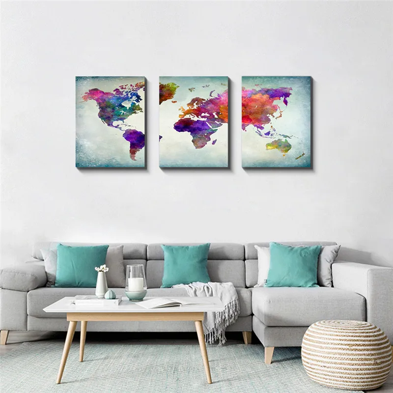 

Abstract Colorful World Map Canvas Poster Print Painting Poster Framed Ready To Hang for Living Room Office Decorative Picture