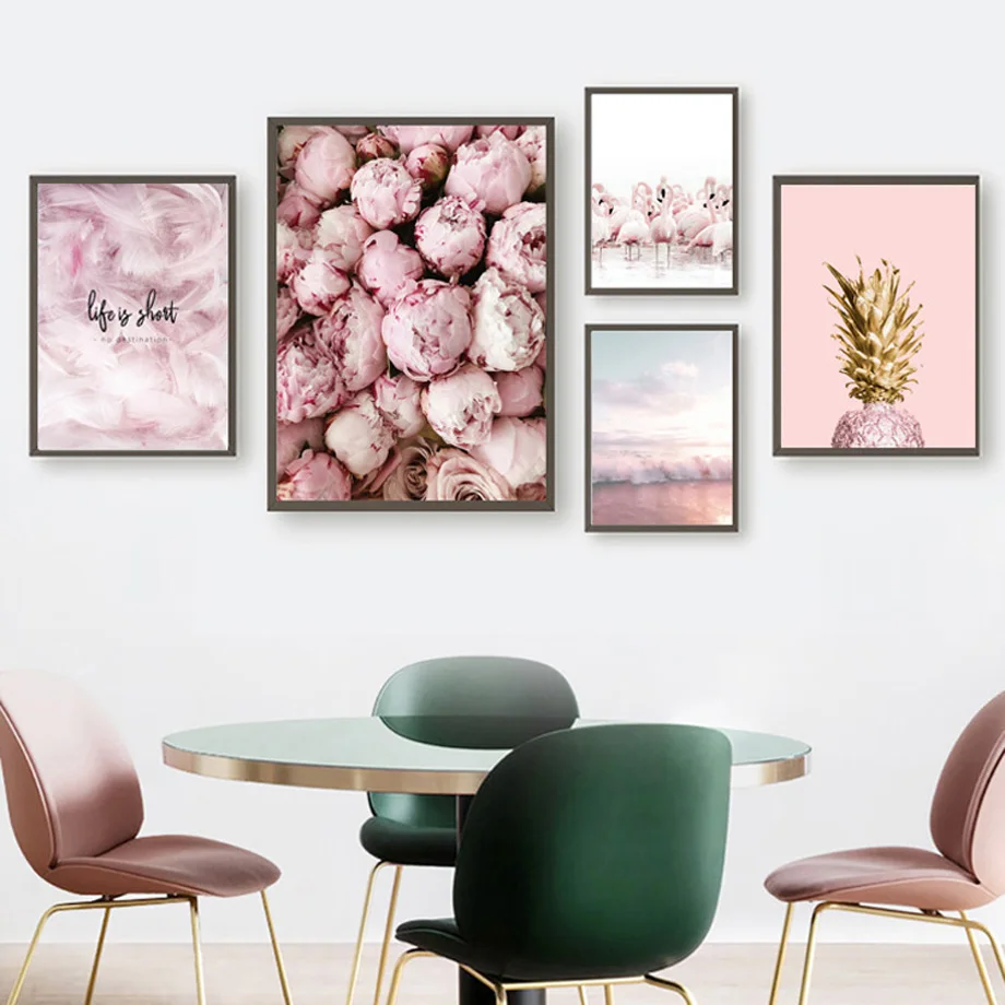 

Pink Rose Pineapple Flamingo Feathers Sea Wall Art Canvas Painting Nordic Posters And Prints Wall Pictures For Living Room Decor