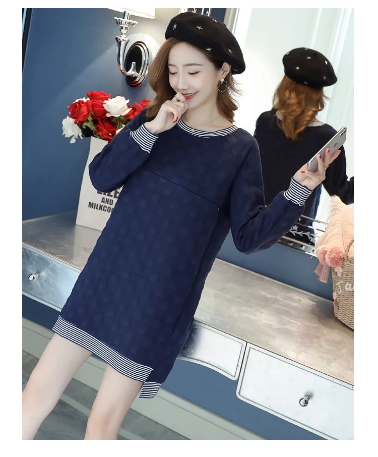 New Winter Round Collar Postpartum Women Fleece Lactation Dress Long High-Low Zipper Fly Maternity Breastfeeding Dress Cute