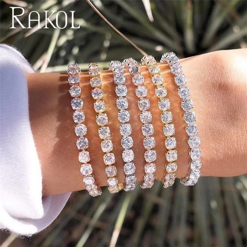RAKOL панк стиль ослепительный круглый фианит Кристалл теннисные браслеты для