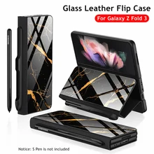 For Samsung Galaxy Z Fold 3 Case S Pen Holder Slot Leather and Tempered Glass Flip Stand Cover For Galaxy Z Fold3  (No S Pen)