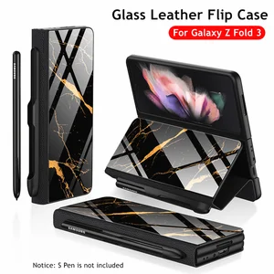 for samsung galaxy z fold 3 case s pen holder slot leather and tempered glass flip stand cover for galaxy z fold3 no s pen free global shipping