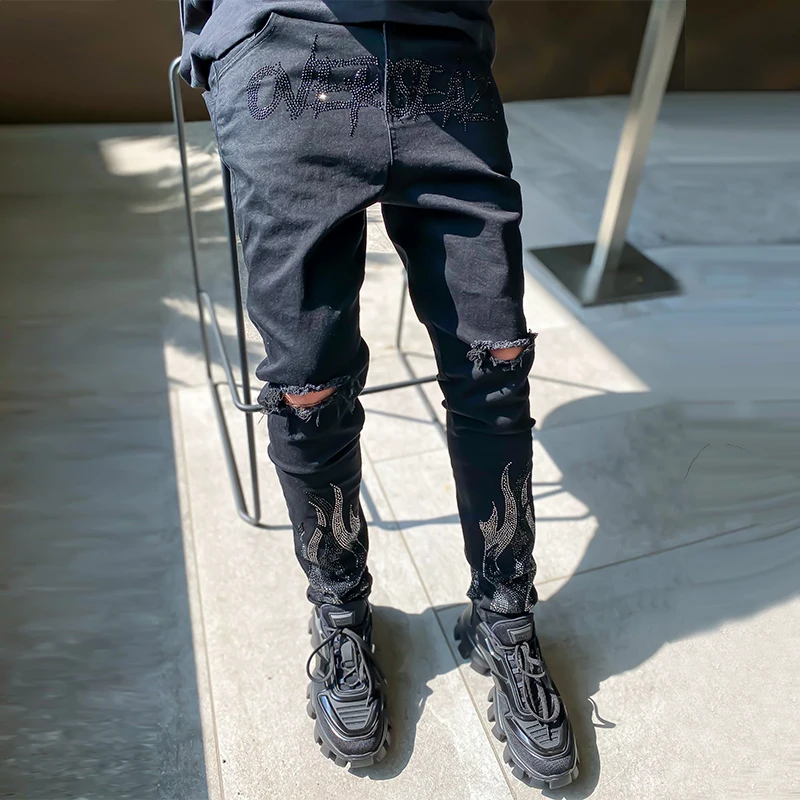 Men's Ripped Skinny Jeans Black Slim Fit Hole Pencil Pants Hot Drill Biker Trousers Streetwear High Quality Denim Man Clothing