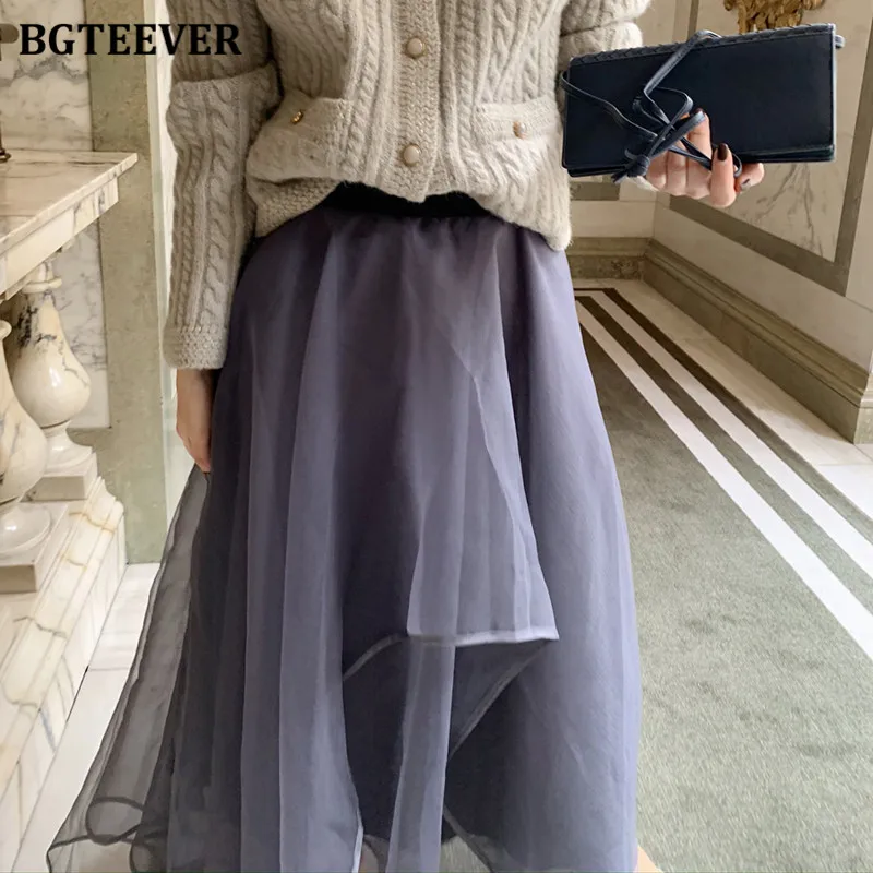 

BGTEEVER Spring Elastic High Waist Women Mid-length Skirts Vintage Loose Irregular Mesh Midi Skirts Femme 2021 New