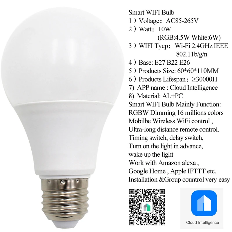 Умная светильник ная лампа B22 E27 10 Вт Wi-Fi RGB работает с Alexa/Google Home 85-265 в + белый