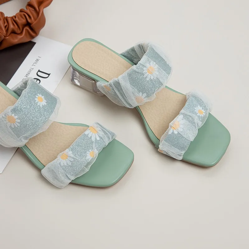 

Korean Sweet Outdoor Beach Slippers Women Size 32-45 Summer Flower Open Toe Mesh Transparent Clear Mid Heels Female Slides New