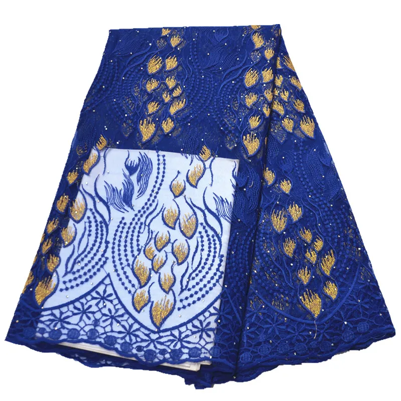 

2021 latest blue african lace high quality lace fabric with stones 5yards african fabric nigerian lace fabric