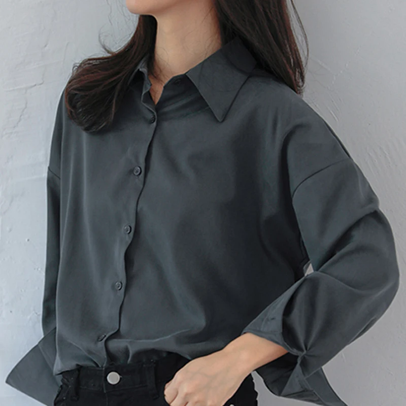 

White Shirt Women's Summer Korean Loose Casual Top Button V-Neck Chiffon Business Wear Long Sleeve Female Street Shirt Tops