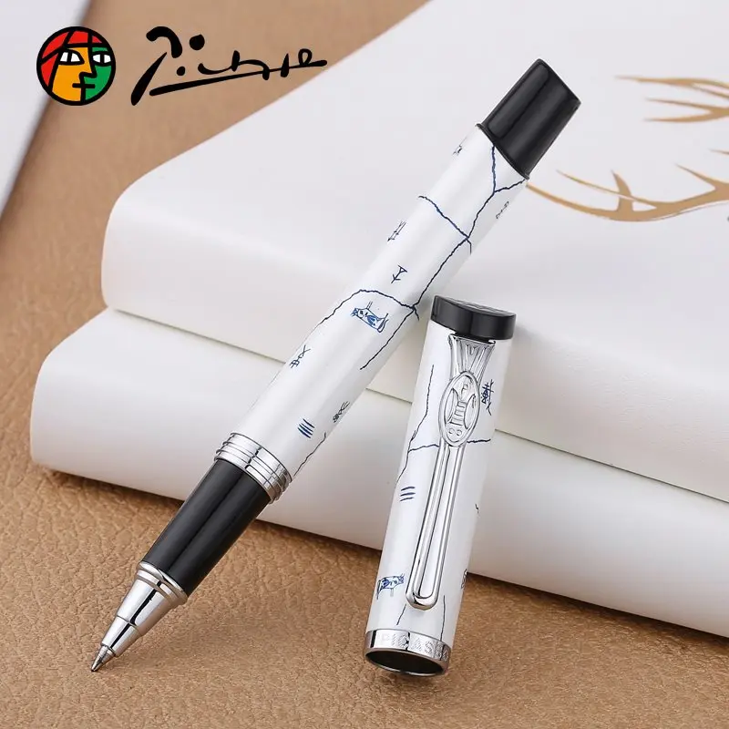 Pimio927 Luxury White with Silver Clip Roller Ball Pen 0.5mm Black Ink Refill Metal Ballpoint Pens Noble Writing Stationery Gift