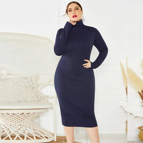 Тёмно-синий BHflutter 4XL 5XL 6XL Plus Size Winter Dress Women Long Sleeve Turtleneck Knitted Dress Ladies Sexy Bodycon Vintage Dresses - Цвет: Тёмно-синий
