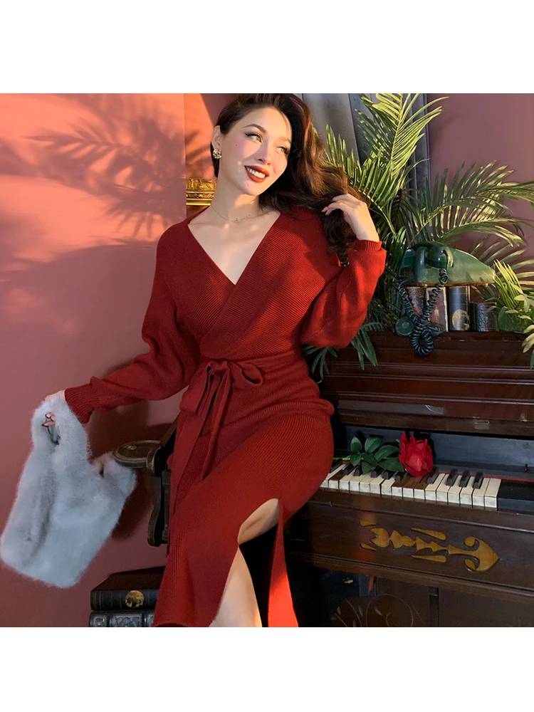 2019 Winter Super Nice Vintage Batwing Sleeve Collect Waist Wrap Hip Thick Knit Dresses V Neck Mid-Calf Long Dress Women Elastic | Женская