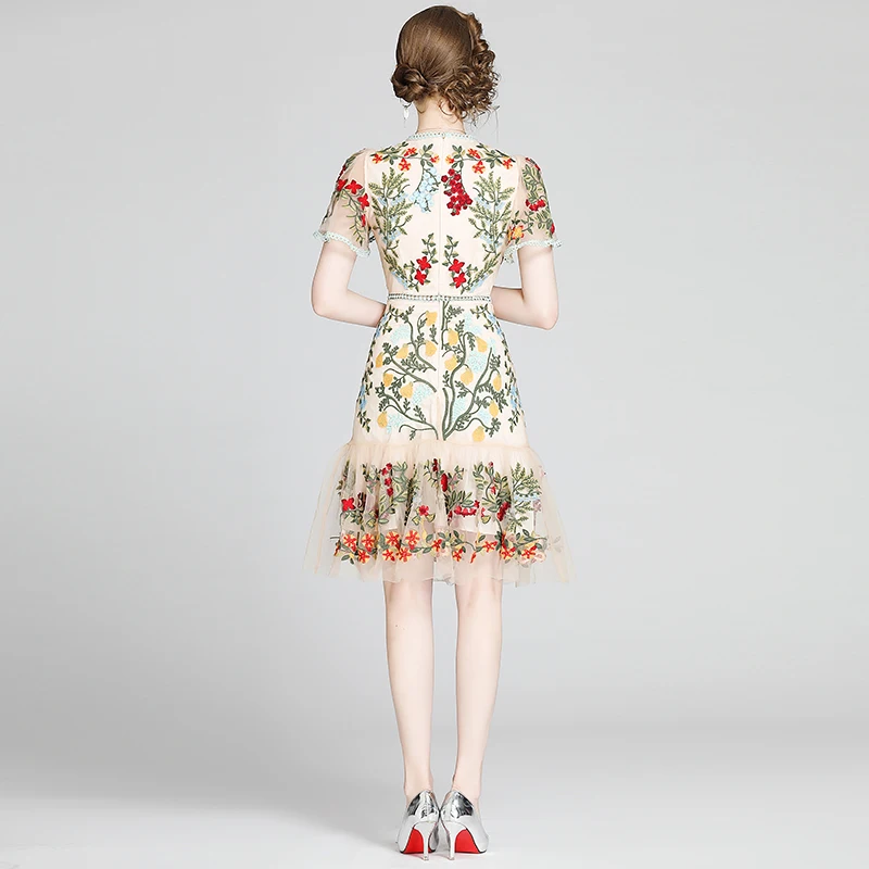 

New 2021 Fashion Runway Summer Dress Women's Flare Sleeve Floral Embroidery Elegant Mesh Hollow Out Midi Dresses