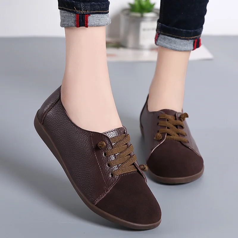 Women Sneakers Genuine Leather Flats Shoes Woman Fashion Loafers Mixed Color Slip-on Lace-Up Casual Ladies Shoes Plus Size 35-43