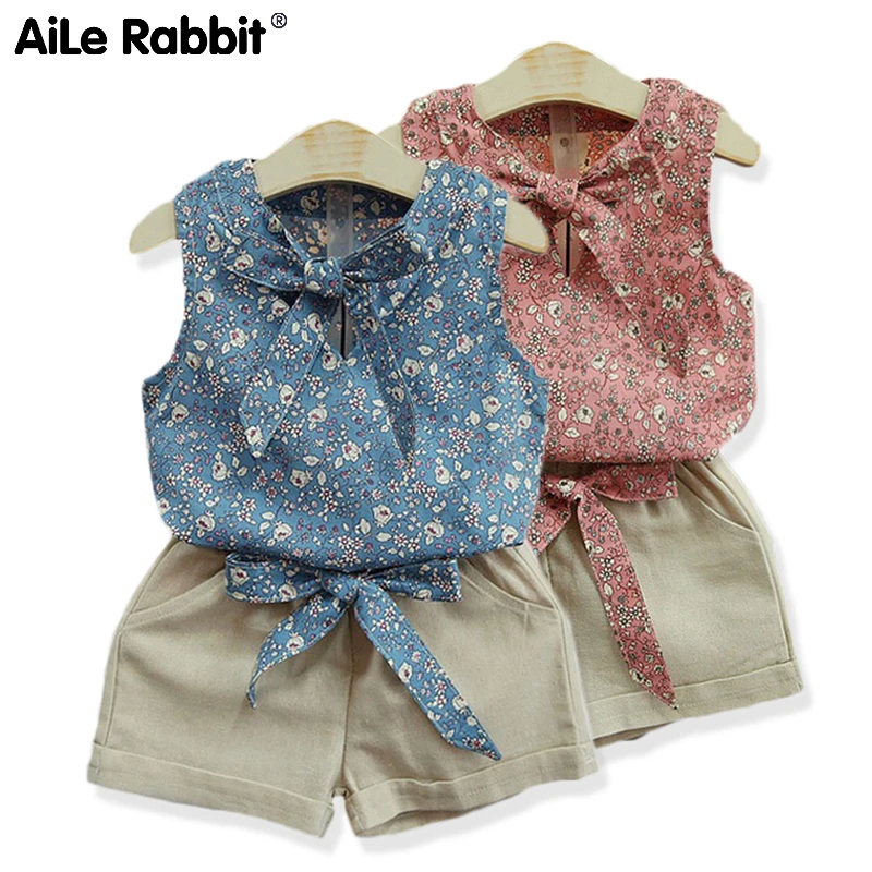 Комплект для девочек с цветочным принтом топ без рукавов рубашка и шорты