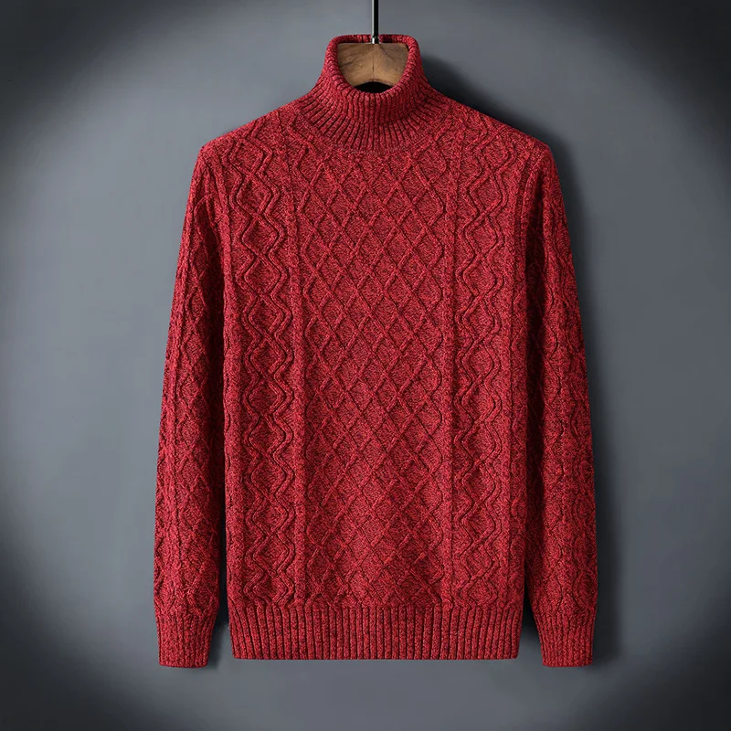 Осень зима 2021 однотонная красная водолазка шерстяной свитер мужской пуловер