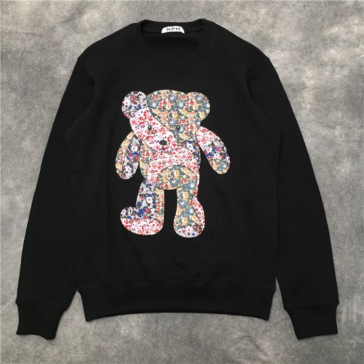 

New 2021 Arrival MenColorful flowers bear gentleman Hoodies Hoody hooded Sweatshirts velvet Cotton Drake Thicken Fleece