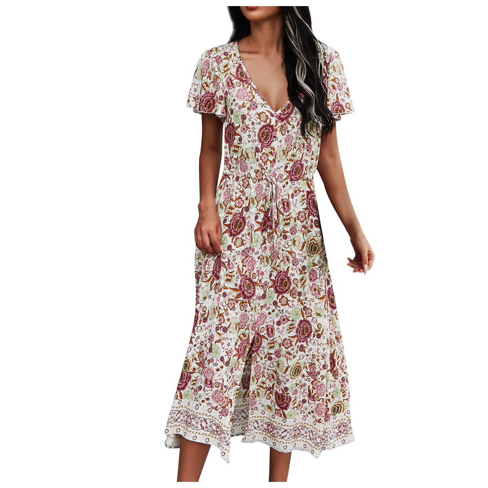 

2021 Summer Chiffon Dress Women Floral Print Boho Beach Dresses Casual Ruffle Short Sleeve A-line Party Dress Vestidos S-XL