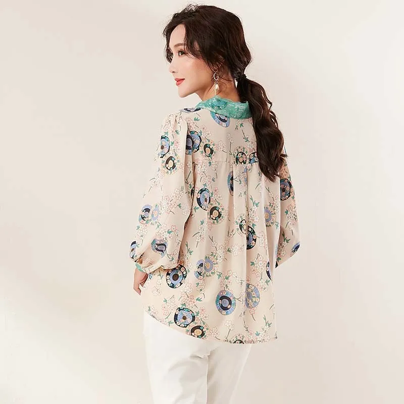 

Womens Tops And Blouses Autumn Korean Floral V-neck Long Sleeve Fashion Lace Bow Elegant Office Ladies Blouse Plus Size Shirts