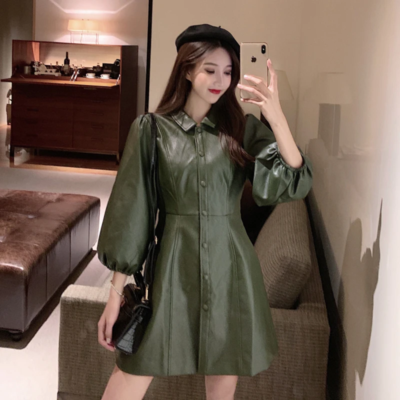

PU Leather Dress Women Three Quarter Sleeve Single-Breasted Button Green Dress Lapel Puff Sleeve Mini Vestido Mujer Plus