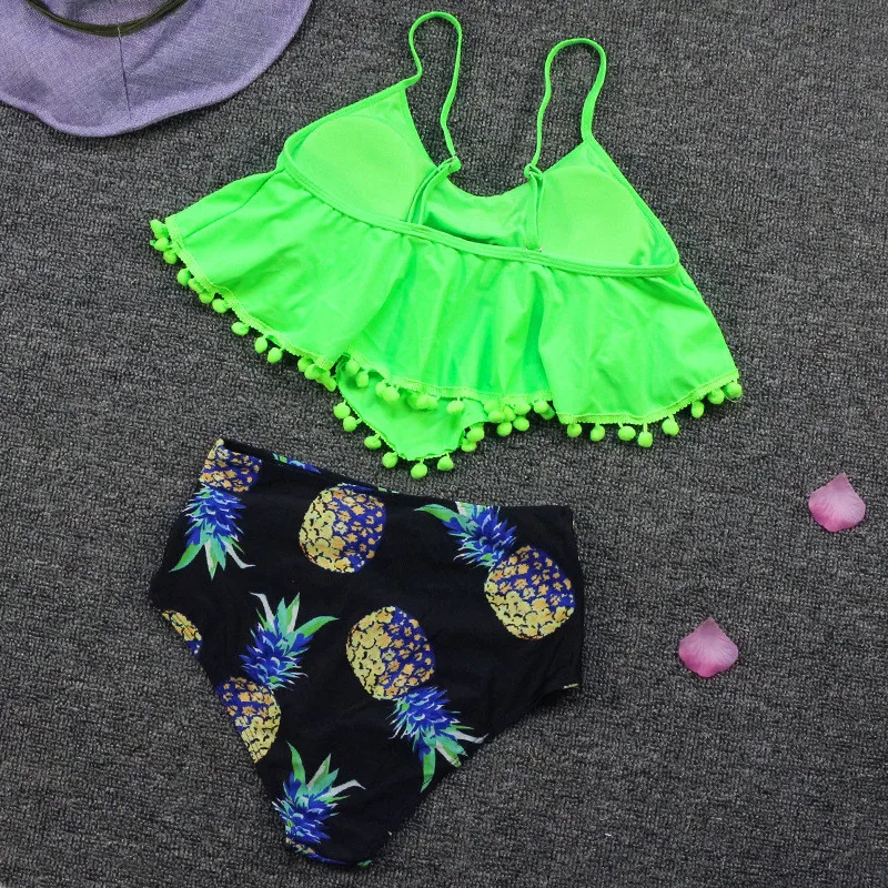 

2021 Women High Waist Swimwear Print Ruffle Bikini Set Summer Solid Swimsuit Beachwear Sexy Brazilian Bikini Plus Size