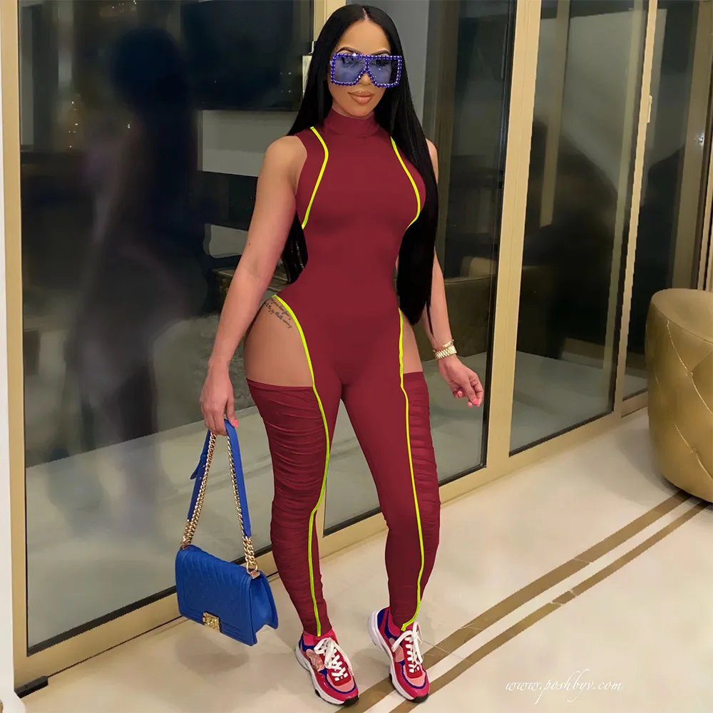 

Неоновый полосатый сетчатый женский комбинезон в стиле пэчворк сексуальный комбинезон без рукавов с боковым вырезом для фитнеса хипстерск...