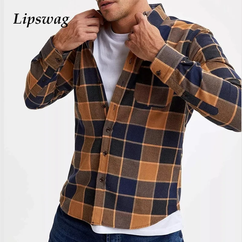 

Mens Clothing Autumn Spring Cotton Shirt Fashion Plaid Printing Long Sleeve Cardigan Tops Casual Business Turn-down Collar Shirt