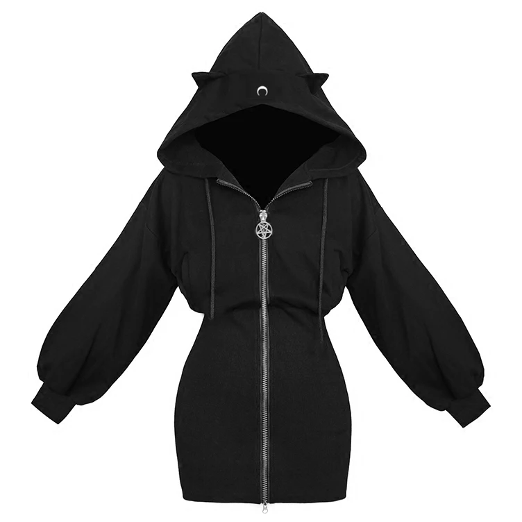 BlackSweatershirt Толстовка на молнии с изображением пентаграммы и милыми кошачьими ушками и лунным принтом, длинная Черная Женская толстовка в стиле панк и готика, Женская Осенняя приталенная куртка - Цвет: BlackSweatershirt