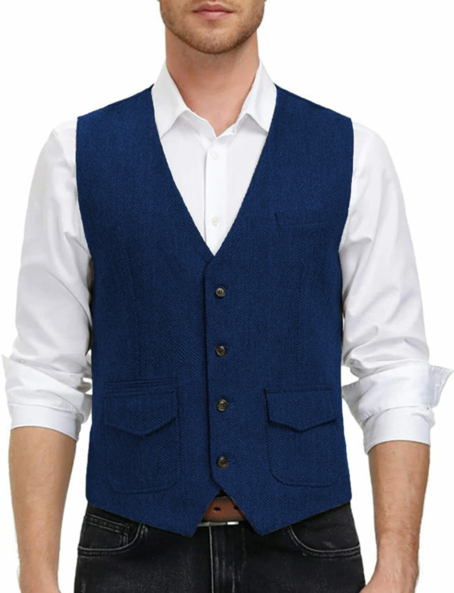 Men's Vest Brown Wool Herringbone V Neck Two Pockets Black Waistcoat Casual Formal Business Groomman For Wedding Dress 2021 | Мужская