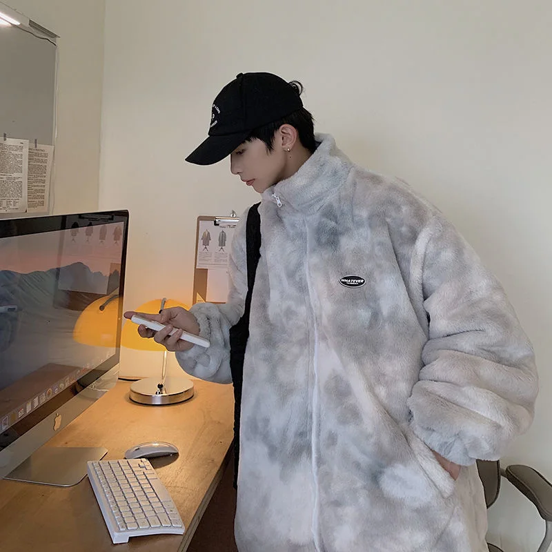 

Tie-dye Men's Lamb Wool Jacket Korean Casual Jacket Men's Fashion Loose Cotton Coat Mens Streetwear Warm Windproof Cotton Jacket