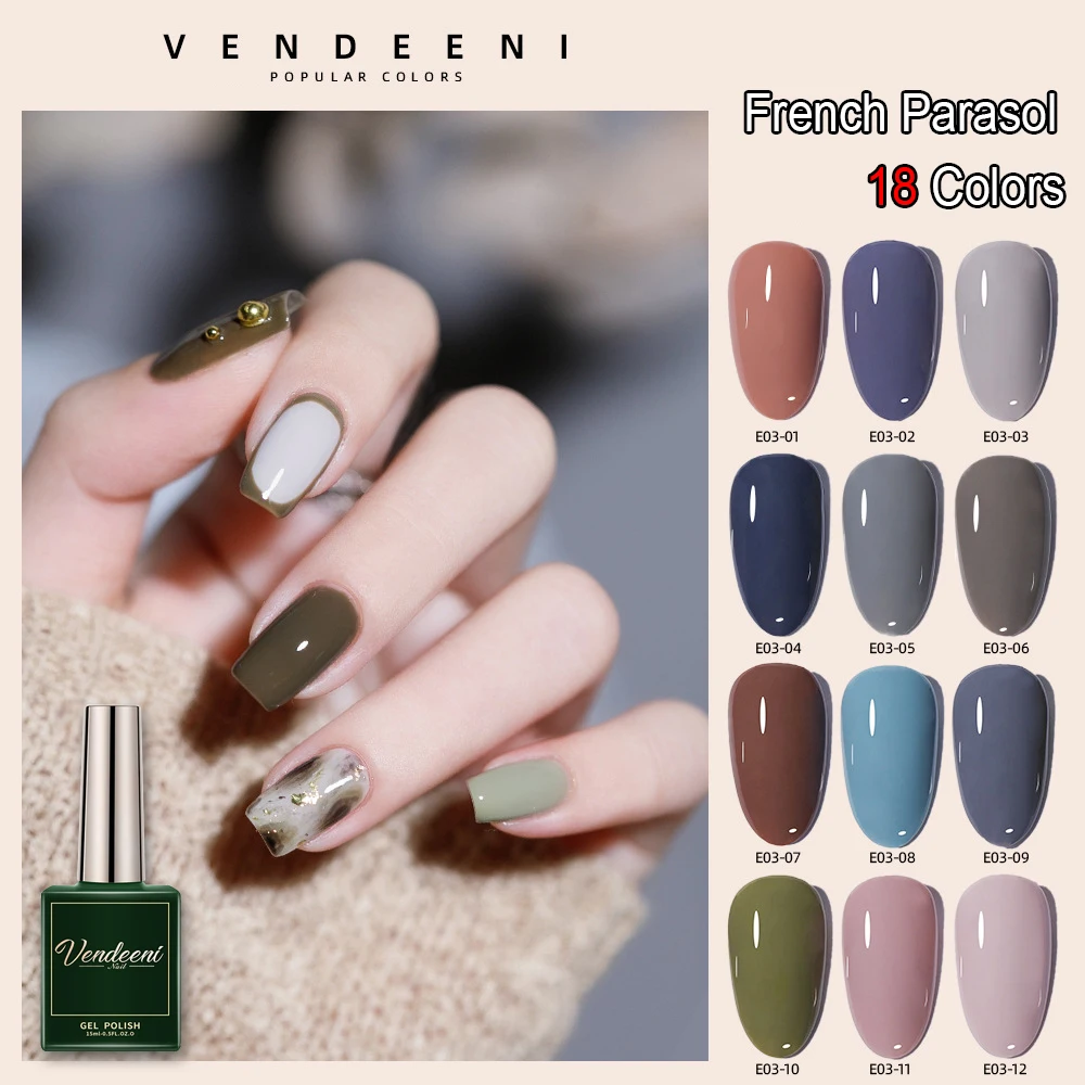Vendeeni 18 Colors Morandi Style Gel Nail Polish Blue Gray Cool Color Nail Art Gel Lacquer UV LED Gel Varnish For Manicure 15ml