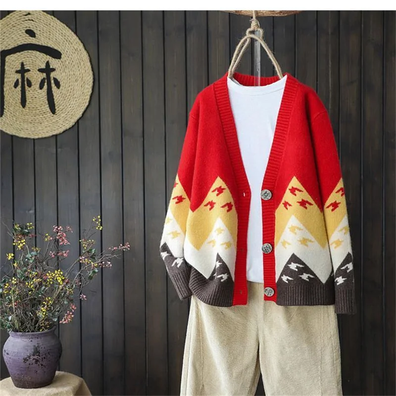 Женский жаккардовый вязаный кардиган свободный Универсальный свитер в стиле