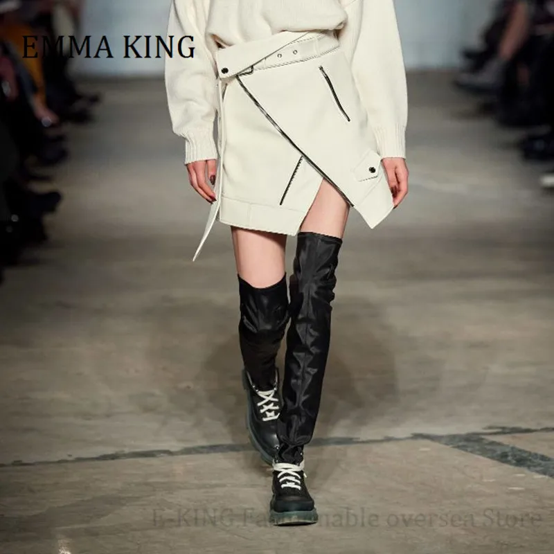 

2020 Autumn Winter Women Stretch Thih High Boots Chunky Sole Leather Over The Knee Boots Round Toe Lace-up Fastening Women Shoes